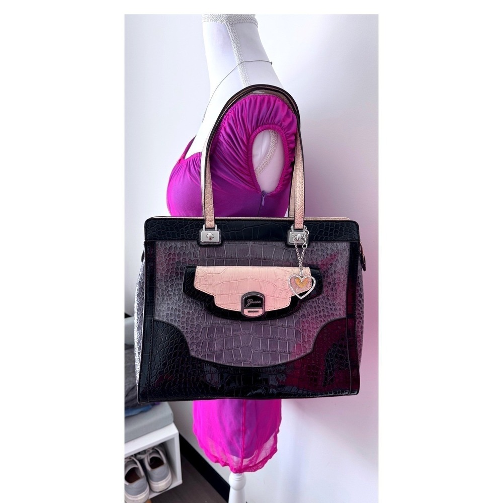 Guess Y2K Newlyn Croc Purse Tote Bag Embossed Tri-Color Heart Charms Tags